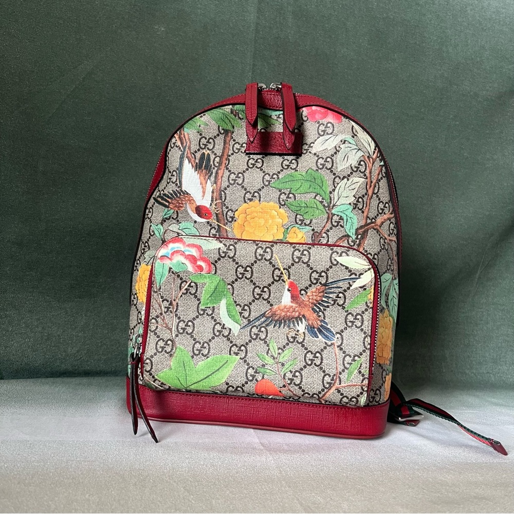Gucci Gg Supreme Monogram Tian Web Small Day Backpack Beige Multicolor Red